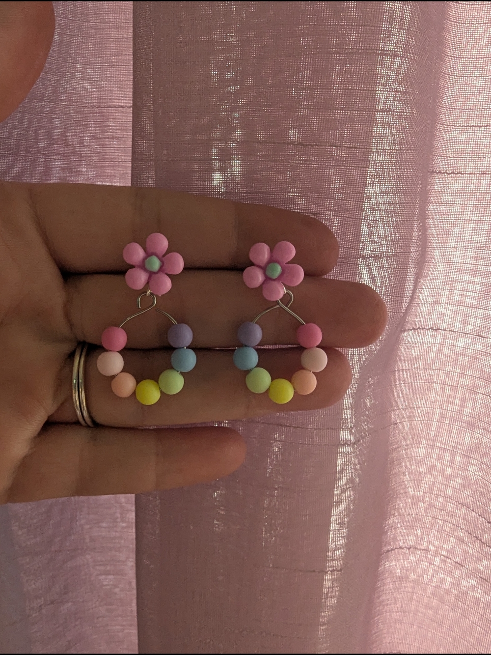 Pastel Flower Hoop Earrings - Pink Floral Bead Drops